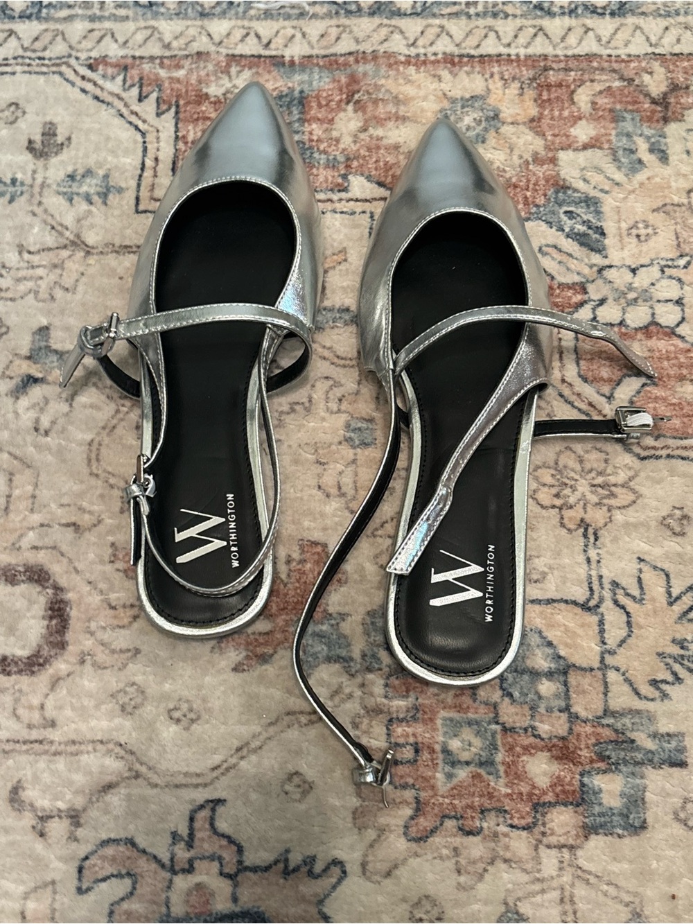 Worthington Silver Pointed Slingback Flats with Ankle Straps